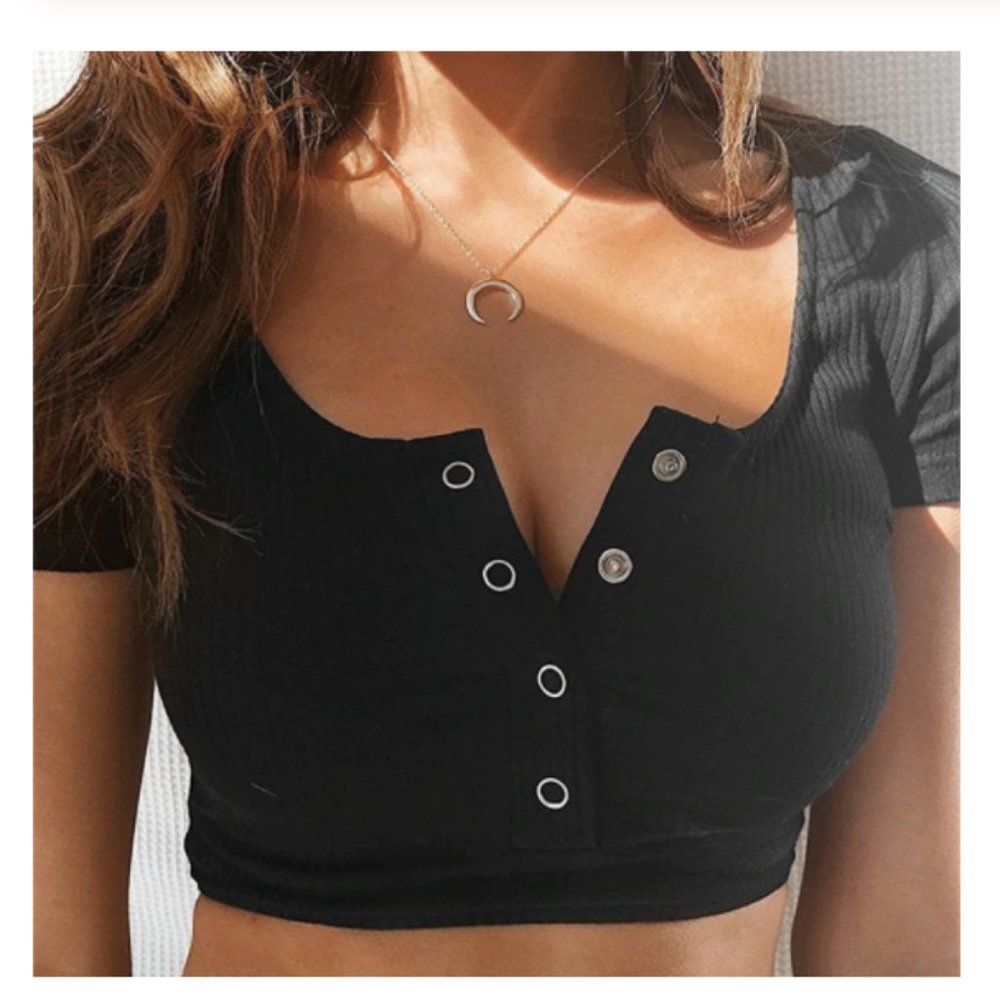 Black Short Sleeve Button Up Ribbed Crop Top